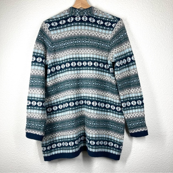 J. Jill Long Cardigan Fair Isle Patch Pocket Open Front Duster Small Petite Blue - Picture 11 of 16